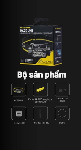 Đèn pin đội đầu NITECORE HC70 UHE sáng 1600 lumen chiếu xa 156m pin 6000mAH sạc USB C