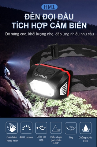 Đèn đội đầu KLARUS HM1 sáng 440 lumen chiếu xa 100m pin 1800mAh cảm biến chuyển động thông minh