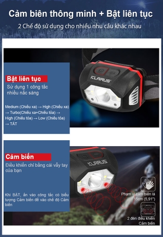 Đèn đội đầu KLARUS HM1 sáng 440 lumen chiếu xa 100m pin 1800mAh cảm biến chuyển động thông minh