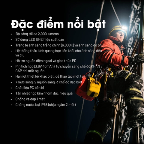 Đèn đội đầu NITECORE HU2000 sáng 2000 lumens chiếu xa 160m kết nối pin rời