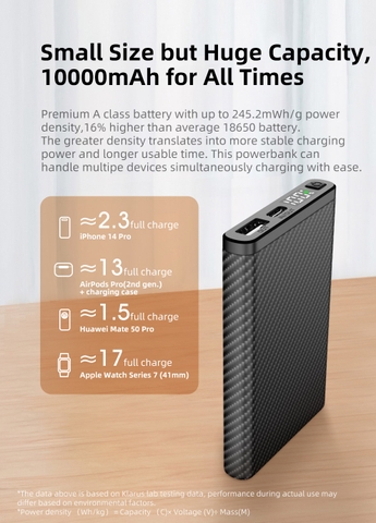 Sạc pin dự phòng siêu nhẹ KLARUS K5 10.000mAh làm từ sợi carbon chống nước IP68