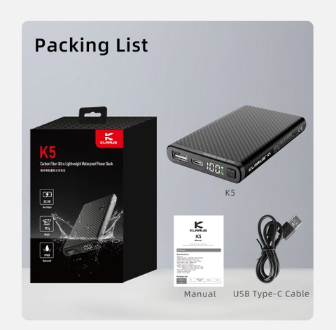 Sạc pin dự phòng siêu nhẹ KLARUS K5 10.000mAh làm từ sợi carbon chống nước IP68