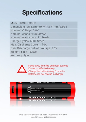 Pin sạc cao cấp KLARUS 18GT-E36UR dung lượng 3600mAh