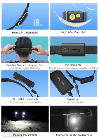 Đèn pin đội đầu KLARUS HR1 Plus độ sáng 600 lumen chiếu xa 90m pin Li-ion PP20 2000mAh