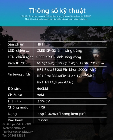 Đèn pin đội đầu KLARUS HR1 Plus độ sáng 600 lumen chiếu xa 90m pin Li-ion PP20 2000mAh