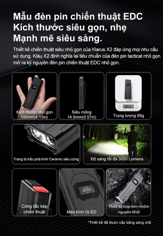 Đèn pin tác chiến siêu gọn KLARUS FlatTac X2 Độ sáng 3000 Lumens - Chiếu xa 170m