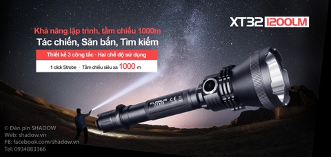 Đèn pin chiếu xa KLARUS XT32 CREE XP-L HI V3 độ sáng 1200 lumen chiếu xa 1000m sử dụng 2 pin 18650 ( pin sạc kèm theo)
