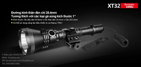 Đèn pin chiếu xa KLARUS XT32 CREE XP-L HI V3 độ sáng 1200 lumen chiếu xa 1000m sử dụng 2 pin 18650 ( pin sạc kèm theo)