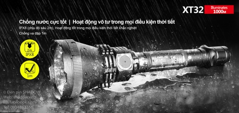 Đèn pin chiếu xa KLARUS XT32 CREE XP-L HI V3 độ sáng 1200 lumen chiếu xa 1000m sử dụng 2 pin 18650 ( pin sạc kèm theo)