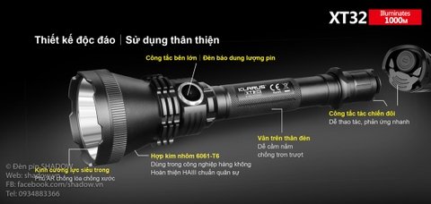 Đèn pin chiếu xa KLARUS XT32 CREE XP-L HI V3 độ sáng 1200 lumen chiếu xa 1000m sử dụng 2 pin 18650 ( pin sạc kèm theo)