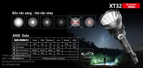 Đèn pin chiếu xa KLARUS XT32 CREE XP-L HI V3 độ sáng 1200 lumen chiếu xa 1000m sử dụng 2 pin 18650 ( pin sạc kèm theo)