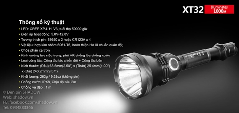 Đèn pin chiếu xa KLARUS XT32 CREE XP-L HI V3 độ sáng 1200 lumen chiếu xa 1000m sử dụng 2 pin 18650 ( pin sạc kèm theo)