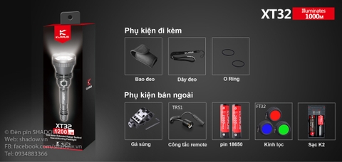 Đèn pin chiếu xa KLARUS XT32 CREE XP-L HI V3 độ sáng 1200 lumen chiếu xa 1000m sử dụng 2 pin 18650 ( pin sạc kèm theo)