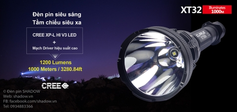 Đèn pin chiếu xa KLARUS XT32 CREE XP-L HI V3 độ sáng 1200 lumen chiếu xa 1000m sử dụng 2 pin 18650 ( pin sạc kèm theo)