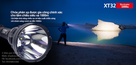 Đèn pin chiếu xa KLARUS XT32 CREE XP-L HI V3 độ sáng 1200 lumen chiếu xa 1000m sử dụng 2 pin 18650 ( pin sạc kèm theo)