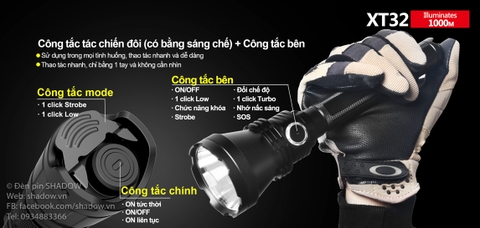 Đèn pin chiếu xa KLARUS XT32 CREE XP-L HI V3 độ sáng 1200 lumen chiếu xa 1000m sử dụng 2 pin 18650 ( pin sạc kèm theo)