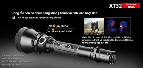 Đèn pin chiếu xa KLARUS XT32 CREE XP-L HI V3 độ sáng 1200 lumen chiếu xa 1000m sử dụng 2 pin 18650 ( pin sạc kèm theo)