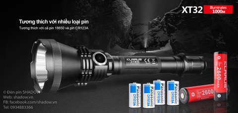 Đèn pin chiếu xa KLARUS XT32 CREE XP-L HI V3 độ sáng 1200 lumen chiếu xa 1000m sử dụng 2 pin 18650 ( pin sạc kèm theo)