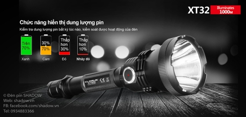Đèn pin chiếu xa KLARUS XT32 CREE XP-L HI V3 độ sáng 1200 lumen chiếu xa 1000m sử dụng 2 pin 18650 ( pin sạc kèm theo)