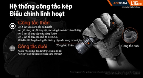 Đèn pin ACEBEAM L16 V2.0 sáng 2100lm chiếu xa 670m pin 21700 5000mAh sạc USB C