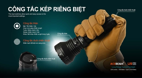 Đèn pin chiếu xa ACEBEAM L19 V2 độ sáng 2200 lumen chiếu xa 1083m kèm pin sạc 21700 USB