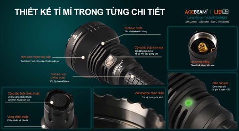 Đèn pin chiếu xa ACEBEAM L19 V2 độ sáng 2200 lumen chiếu xa 1083m kèm pin sạc 21700 USB