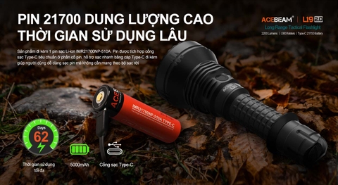 Đèn pin chiếu xa ACEBEAM L19 V2 độ sáng 2200 lumen chiếu xa 1083m kèm pin sạc 21700 USB