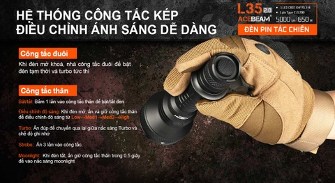 Đèn pin tác chiến ACEBEAM L35 2.0 độ sáng 5000 lumen tầm chiếu xa 650m pin 21700 5000mAh kèm theo