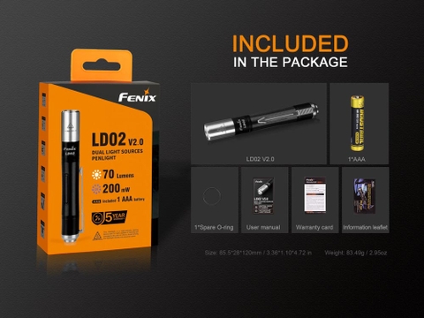 Đèn pin Fenix LD02 V2.0 độ sáng 70 lumen chiếu xa 48m tia UV 365nm