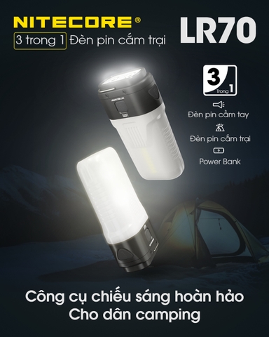 Đèn pin cắm trại NITECORE LR70 sáng 3.000 lumen chiếu xa 300m pin dung lượng 10000mAh USB-C powerbank