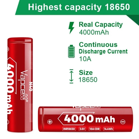 Pin sạc VAPCELL N40 18650 dung lượng 4000mAh không có mạch bảo vệ