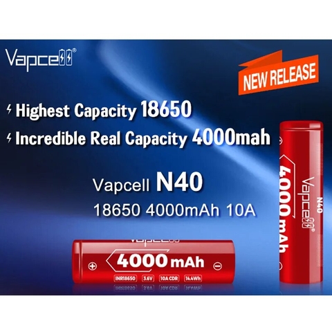 Pin sạc VAPCELL N40 18650 dung lượng 4000mAh không có mạch bảo vệ