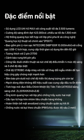Đèn pin chiếu xa NITECORE MH40 Pro sáng 3500 lumen chiếu xa 1300m pin 10000mAh công tắc remote không dây