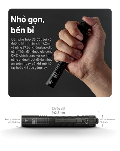 Đèn pin mini NITECORE MT2A Pro sáng 1000 lm chiếu xa 255m pin sạc dung lượng 1.600mAh USB-C