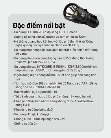 Đèn pin NITECORE MT2C Pro độ sáng 1800lm chiếu xa 520m pin 18650 3600mAh
