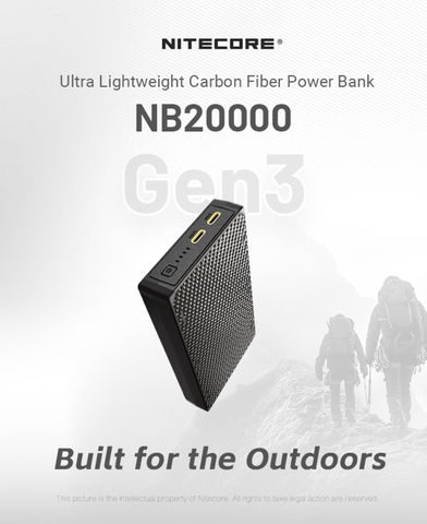 Nitecore NB20000 Gen 3 – Pin dự phòng 20000 mAh sạc nhanh USB‑C kép, vỏ sợi carbon
