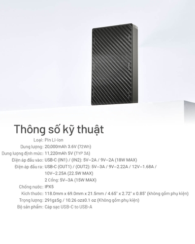 Nitecore NB20000 Gen 3 – Pin dự phòng 20000 mAh sạc nhanh USB‑C kép, vỏ sợi carbon