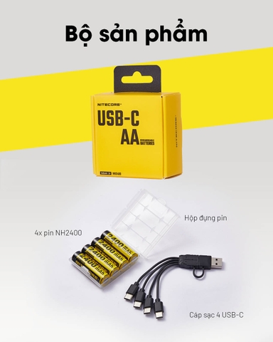 Pin sạc AA NITECORE NH2400 - 2400mAh cổng sạc USB C