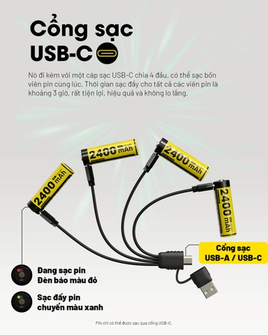 Pin sạc AA NITECORE NH2400 - 2400mAh cổng sạc USB C