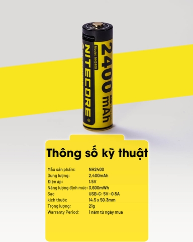 Pin sạc AA NITECORE NH2400 - 2400mAh cổng sạc USB C