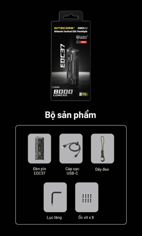 Đèn pin NITECORE EDC37 – Siêu sáng 8000 Lm, pin 8000mAh, sạc nhanh 18W, màn hình OLED