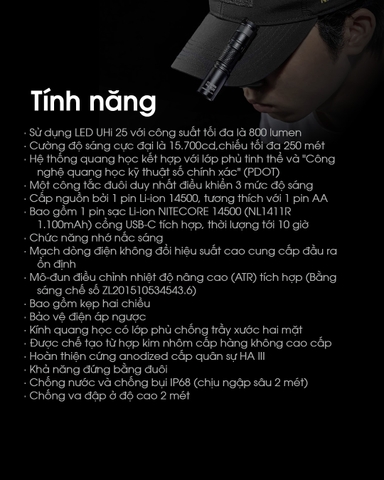 Đèn pin mini NITECORE MT1A Pro sáng 800 lumens chiếu xa 250m pin sạc 14500 dung lượng 1100mAh