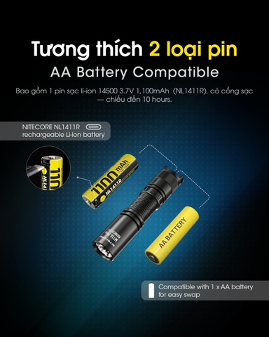 Đèn pin mini NITECORE MT1A Pro sáng 800 lumens chiếu xa 250m pin sạc 14500 dung lượng 1100mAh