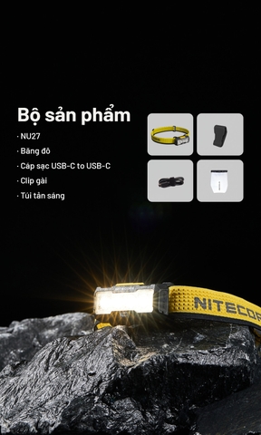Đèn pin đội đầu NITECORE NU27 sáng 600 lumen siêu nhẹ 56g  có thay đổi màu ánh sáng