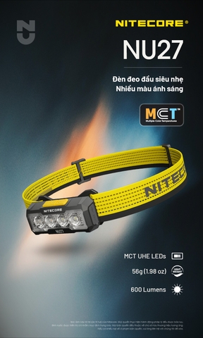 Đèn pin đội đầu NITECORE NU27 sáng 600 lumen siêu nhẹ 56g  có thay đổi màu ánh sáng