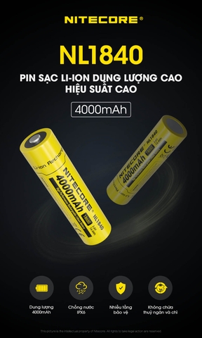 Pin sạc NITECORE NL1840 18650 dung lượng 4000mah