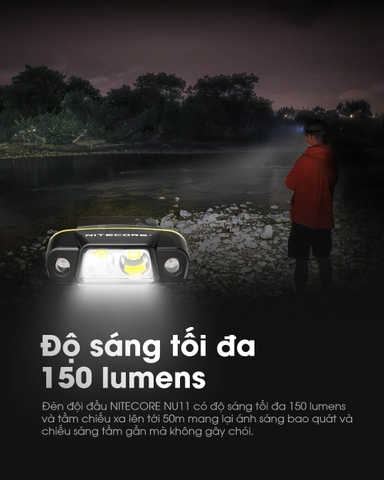 Đèn pin đội đầu NITECORE NU11 kiêm gài mũ sáng 150 lumen chiếu xa 50m cảm biến chuyển động pin liền thân
