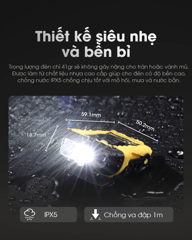 Đèn pin đội đầu NITECORE NU11 kiêm gài mũ sáng 150 lumen chiếu xa 50m cảm biến chuyển động pin liền thân