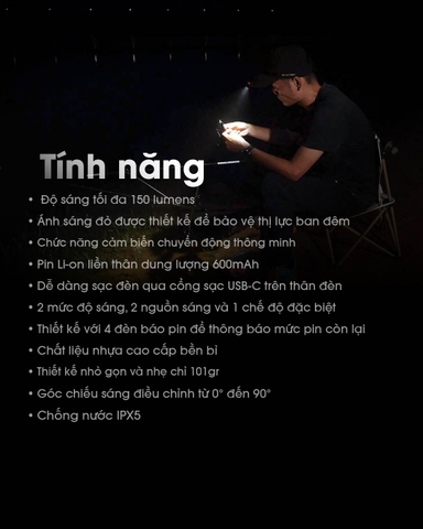 Đèn pin đội đầu NITECORE NU11 kiêm gài mũ sáng 150 lumen chiếu xa 50m cảm biến chuyển động pin liền thân