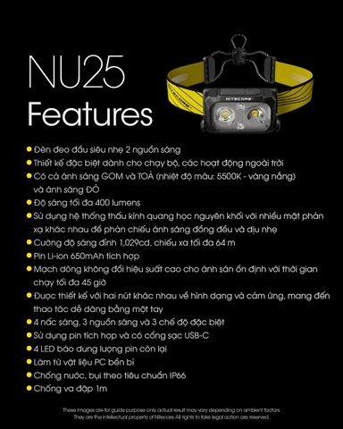 Đèn pin đội đầu siêu nhẹ NITECORE NU25 sáng 400 lumen chiếu xa 64m pin 650mAh USB-C